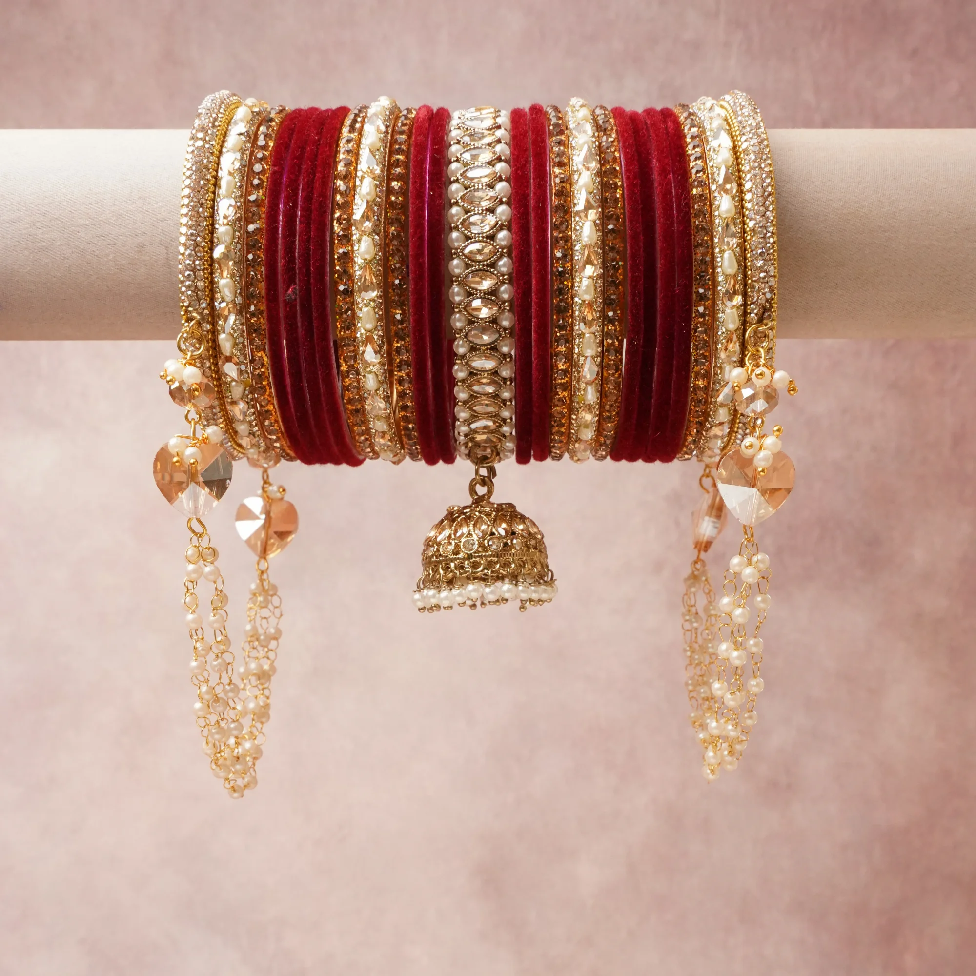 A majestic Maroon set, complemented by Antique Gold, Champagne, Pearl White, Clear featuring Velvet, Gold-tone Metal Alloy, Faceted Glass Crystals, Simulated Pearls, Glass Beads.
Rich, ceremonial, and designed to be passed through generations.